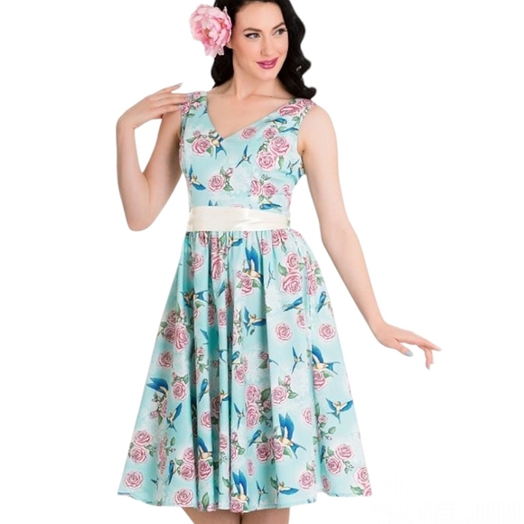Hell Bunny Vixen 50's Floral Hummingbird Print Party Dress Cotton Small Retro - Picture 13 of 13
